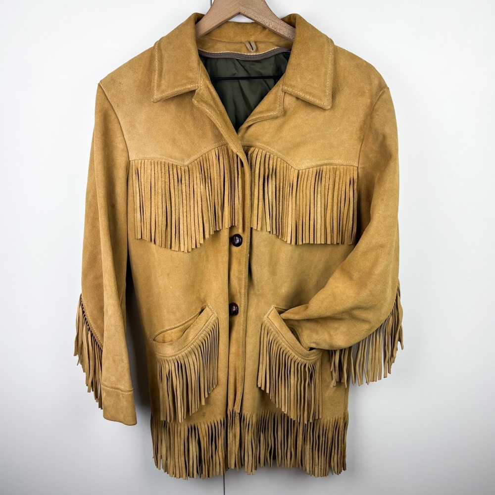 Vintage Fringed Suede Leather Western Rodeo Ranch Cowboy Jacket Coat Tan Brown